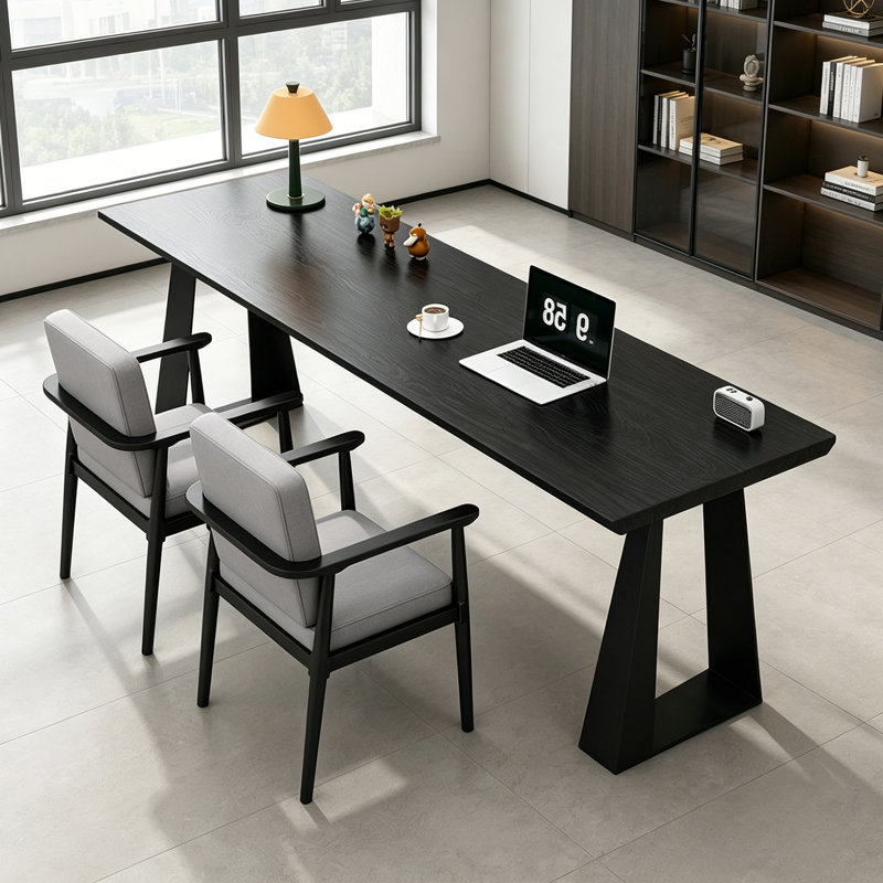 Bureaux en bois massif industriel noir avec structure en métal, H 29,52 po x l 94,48 po x P 23,62 po