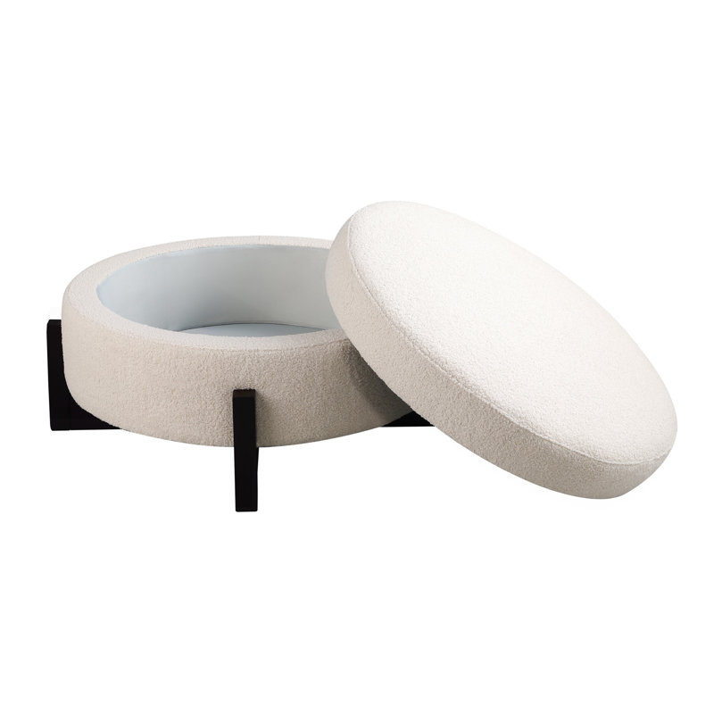 Pouf rond élégant avec rangement intérieur, pattes pliables en chêne, beige.