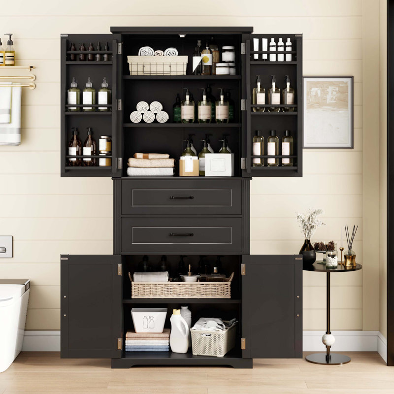 White Multi Compartment Storage Cabinet, Built-In Shelf Door With 2 Drawers & Adjustable Layer, Noir