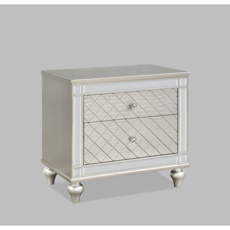 1Pc Glam 2-Drawer Bedroom Nightstand Diamond Patterned Drawer Fronts Silver Finish