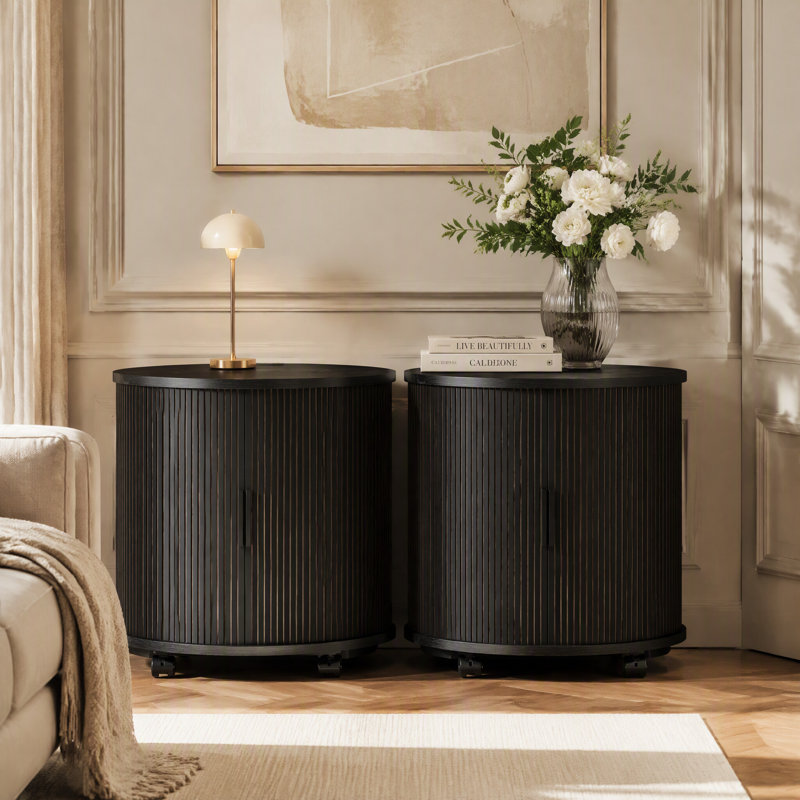 Table de chevet cylindrique de style Mid-Century avec station de recharge, Noir