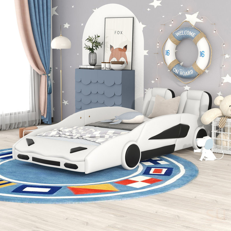 Lit plateforme simple en forme de voiture de course avec roues, blanc, Blanc