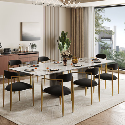 9 - Piece Dining Table Set With 94.5'' Extendable Sintered Stone Dining Table With 8 Fabric Chairs Dining