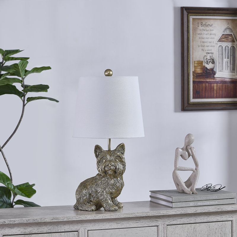 Lampe de table en résine dorée 23 "avec abat-jour Yorkie, Doré, Blanc