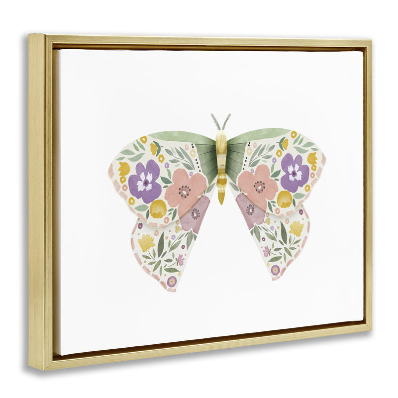 "Marigold Floral Moth", art mural sur toile flottante par Leah Straatsma, H 17 po x l 21 po, Cadre flottant métallique doré
