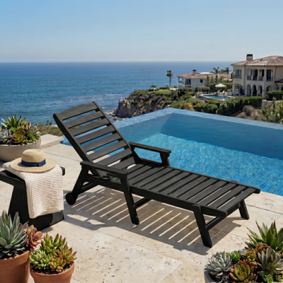 Black Rust Resistant HDPE Plastic Outdoor Patio Reclining Chaise Lounge Chair with Adjustable Back