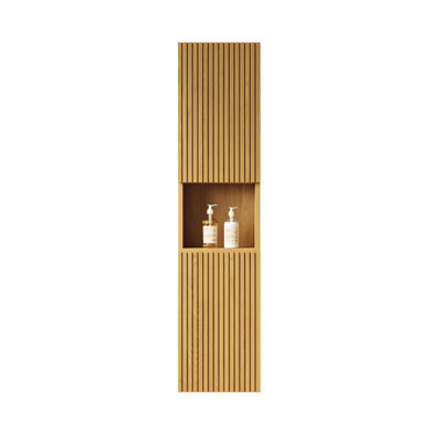 Oak Bathroom Storage - 59" Tall Narrow Cabinet With Doors And Shelves For Laundry Wall In Compact Design