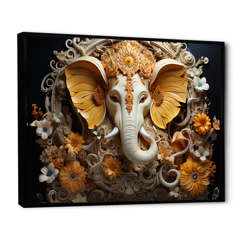 «Hindu Ganesha Elephant Dog Curmeric Tints I - Hinduism», art encadré, Reproduction avec cadre flottant, Noir