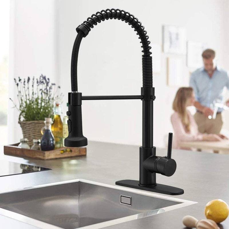 Robinet de cuisine rétractable à poignée simple avec plaque de pont, Noir mat