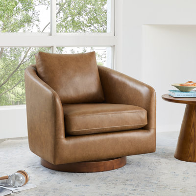 Genuine Leather Swivel Accent Chair with Solid Wood Base