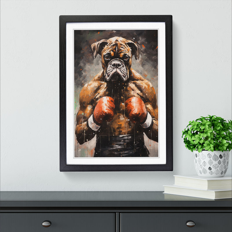 Boxer Dog Action Painting - Single Picture Frame Print on Wood, 46cm H x 34cm W x 2cm D, Black Framed