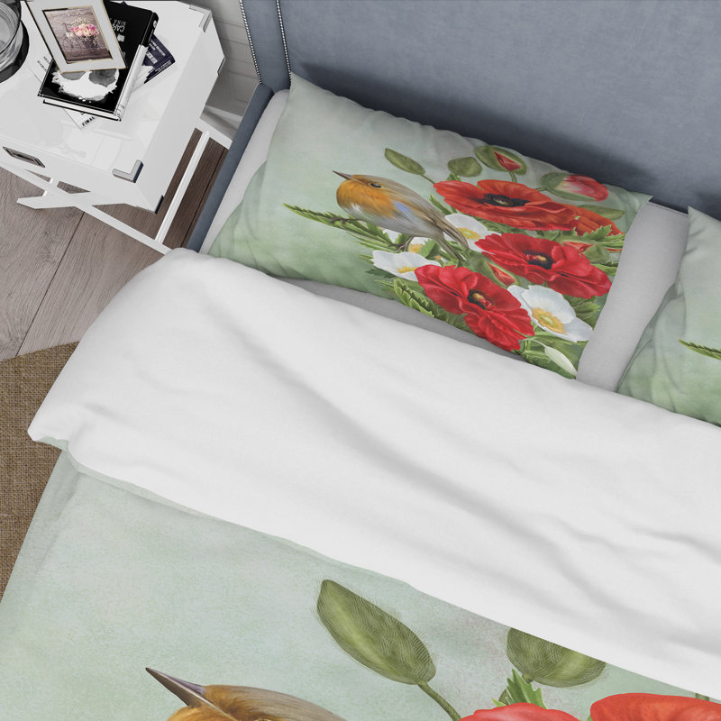 Oiseau jaune avec coquelicots rouges et anémones blanches - Ensemble de housse de couette traditionnel - Microfibre de polyester