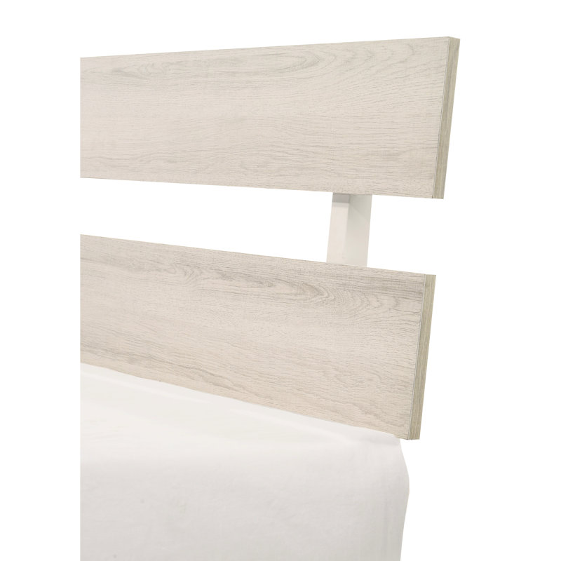 Très grand lit rustique blanc délavé pour chambre à coucher contemporaine, structure à profil bas, meuble à une boîte, structure en bois avec finition délavée, pièce de chambre dans une boîte, matériau