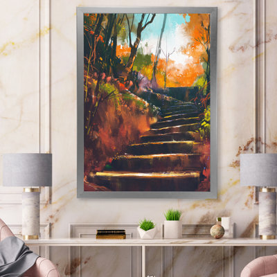 Stone Stair Path In Autumn Forest - reproduction d'art sur toile traditionnelle
