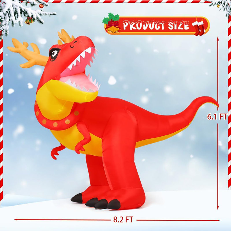 Christmas Inflatables 6 FT Christmas Dinosaur Inflatable Blow Up Antlers Dinosaur Inflatable with Built-in LEDs
