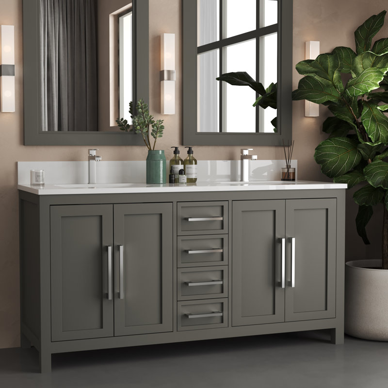 Meuble-lavabo double 63 po avec comptoir en quartz Weddel, Gris foncé