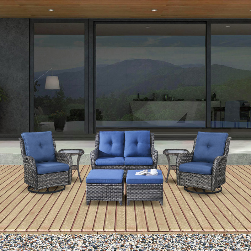 Ensemble de conversation canapé avec coussins 7 pièces Bonia, Bleu, gris