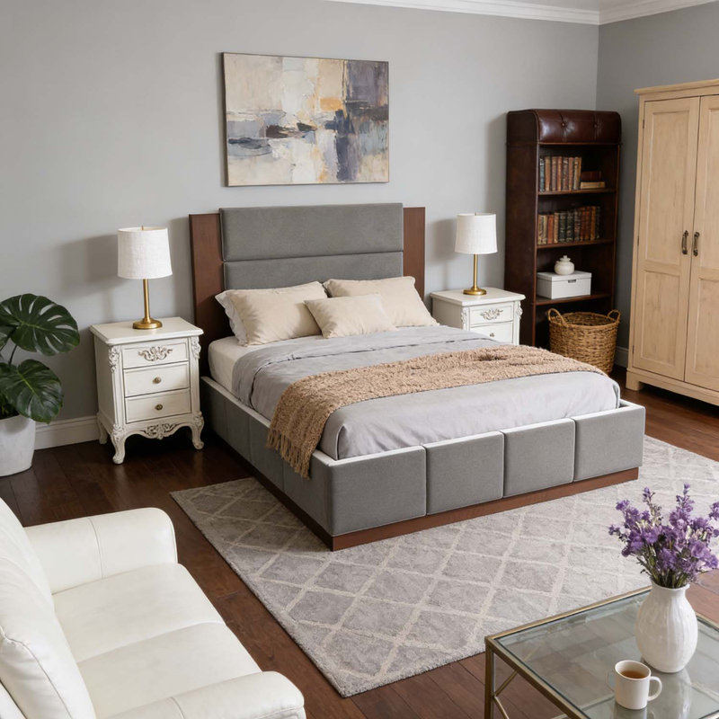 Lit plateforme tapissier moderne avec tête de lit en bois allongée, aucun sommier requis, Gris, Très grand lit