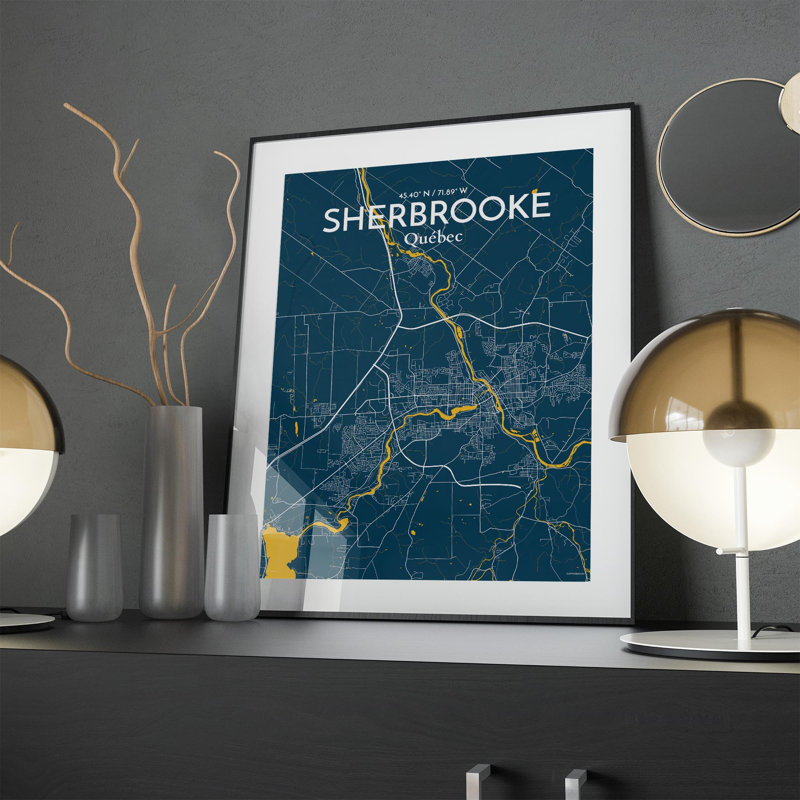 Sherbrooke, carte de la ville, impression, H 24 po x l 18 po, Bleu / Jaune