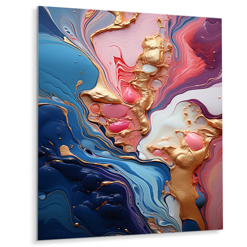 Trippy rose bleu abstrait liquide encre III - encre liquide abstrait, art mural en métal, H 32 po x l 16 po x P 1 po