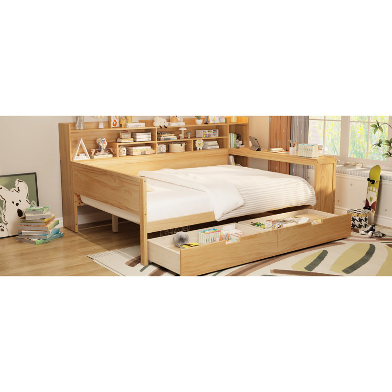 Lit de jour double en bois naturel avec espace de rangement et bureau, Naturel