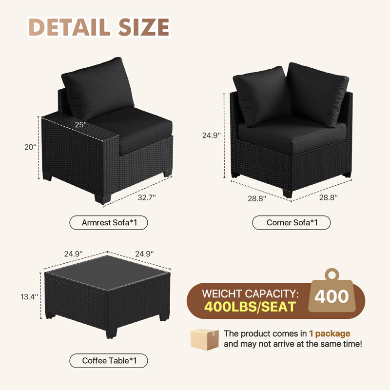 2 -Person Rattan Patio Safo With Cushions, Black, Black