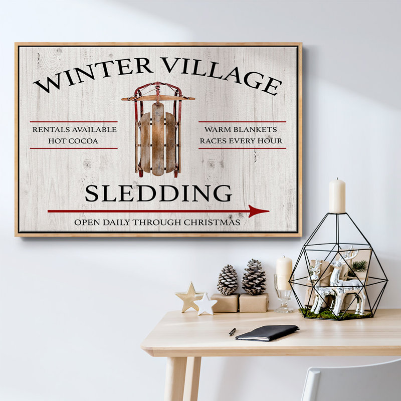 Traîneau à neige Winter Village, Toile avec cadre en bois naturel, H 17 po x l 25 po x P 2 po