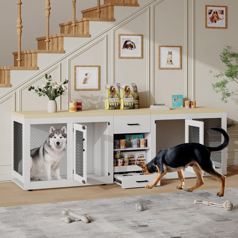 Meuble de 90 po pour grande cage pour chien, cage double pour chien avec poste d'alimentation et rangement, meuble robuste pour chenil pour 2 chiens