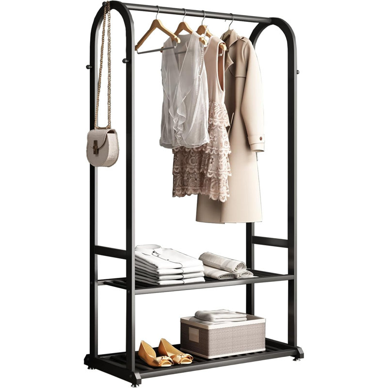 Black Heavy Duty Metal Garment Rack with Shelves and Hooks