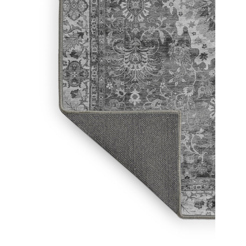 Tapis oriental gris tissé à la machine en gris / blanc / noir, Rectangle 5 pi x 7 pi