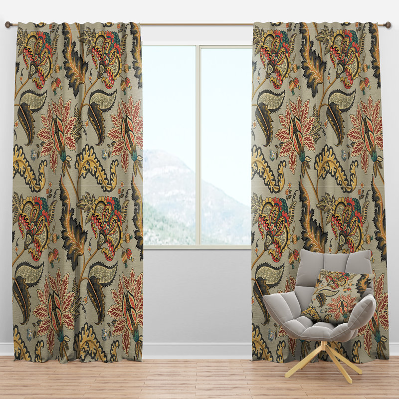 Vintage Indian Floral Pattern - Farmhouse Curtain - Velvet Room darkening - 1 panel, 52"W x 108"L