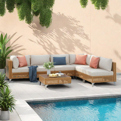 7-Piece Wicker Patio Furniture Set Modular Outdoor Sectional Sofa Set With Cushions And Coffee Table