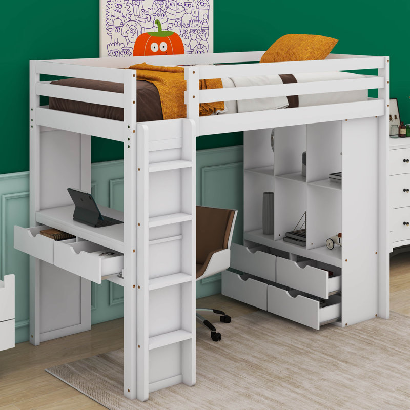 Janais Twin 6 Drawer Loft Bed with Bookcase and Built-in-Desk by Munora, White
