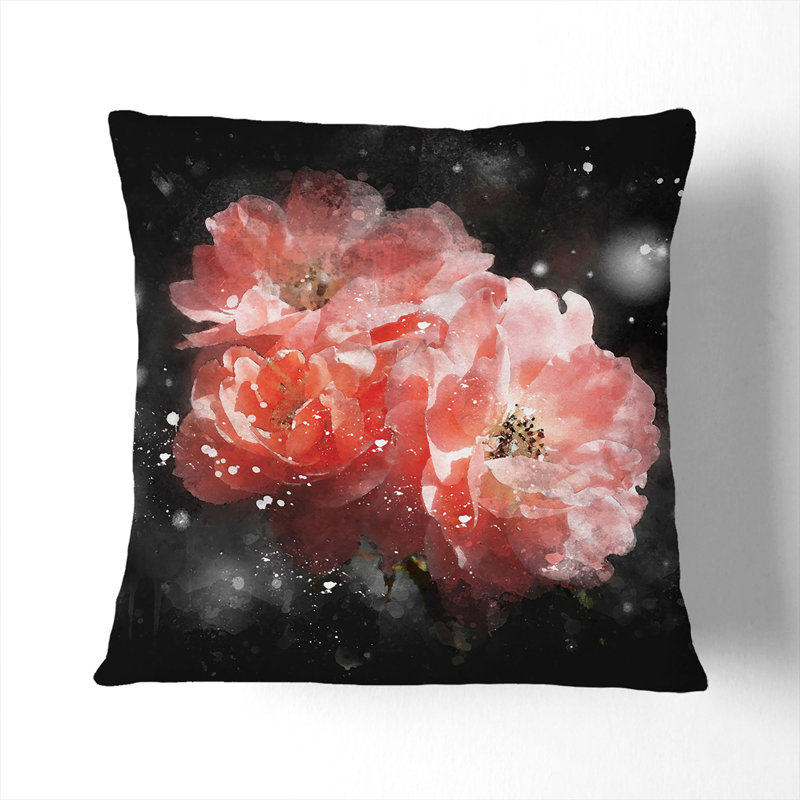 Three Pink Flowers Scatter Cushion, Black, 40cm H x 40cm W x 15cm D