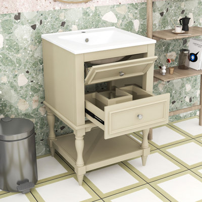 Bathroom Vanity with Ceramic Sink, 2 Drawers and Open Shelf