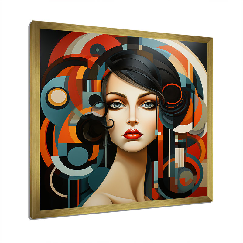Cubisme Mulitcolor, femme, création II - cubisme, art mural, Cadre flottant noir, H 16 po x l 16 po x P 1 po