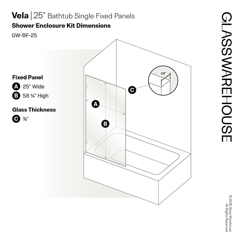 Glass Warehouse 25" W Frameless Shower Bath Fixed Panel, Brass