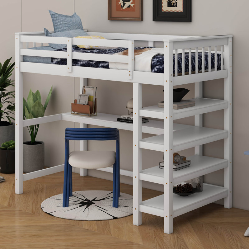 Lit mezzanine en bois massif avec bureau, lit mezzanine avec 4 tablettes de rangement, Lit simple