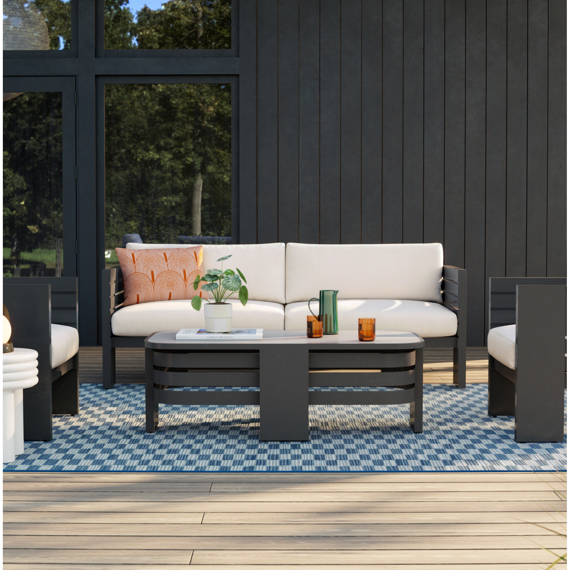 Ari 47" Aluminum Outdoor Coffee Table, Sinister Stone, Black/White