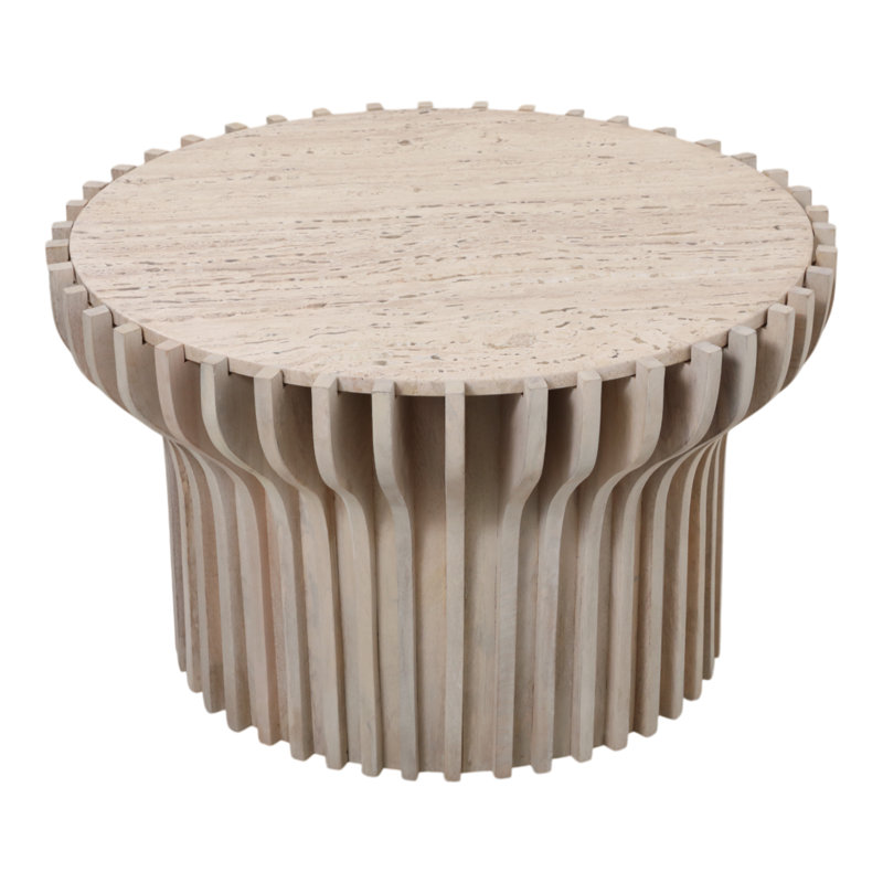 Table basse ronde moderne en travertin avec base ronde sculpturale - Table de salon élégante pour petits espaces ou décor de patio couvert - 31 po, blanc