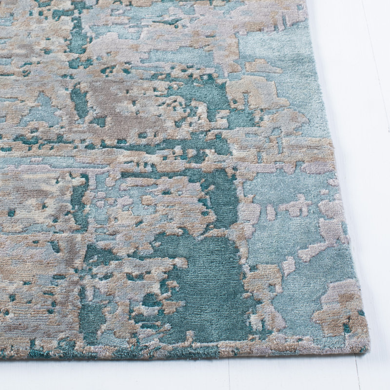 Hand-Knotted Worn Denim Abstract Wool Silk 8' x 10' Rug