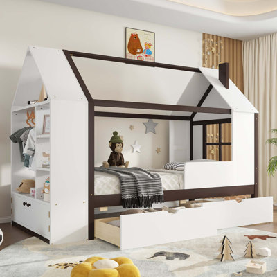 Lit plateforme simple avec tiroirs, lit maison en bois massif avec tablettes, conception enfantine, blanc et espresso