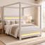 Lit plateforme Beigelora Queen Size à baldaquin capitonné beige avec cadre à quatre colonnes, tête de lit rembourrée en tissu, bandes DEL personnalisables intégrées à la tête et au pied de lit.