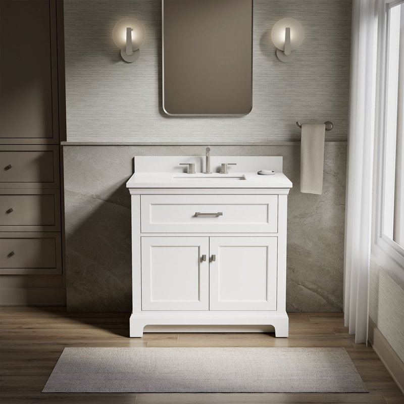30 po Charlemont Meuble-lavabo de salle de bain avec lavabo et comptoir en quartz, Blanc, Nickel brossé, 36"