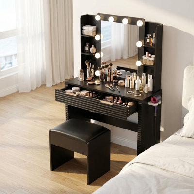 Contemporary Hollywood Bulb Vanity Desk with Integrated Charging Station, Ample Storage Drawers and Shelves, and Padded Storage Stool