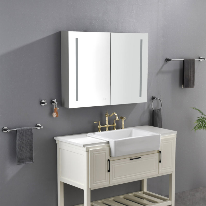 Armoire à pharmacie 40 po x 30 po à DEL avec miroir, douilles, à intensité variable et anti-buée