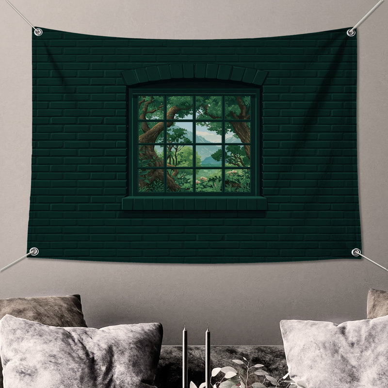 Tapisserie murale brique vue de fenêtre - décoration murale fenêtre, H 104 po x 88 avec 4 œillets