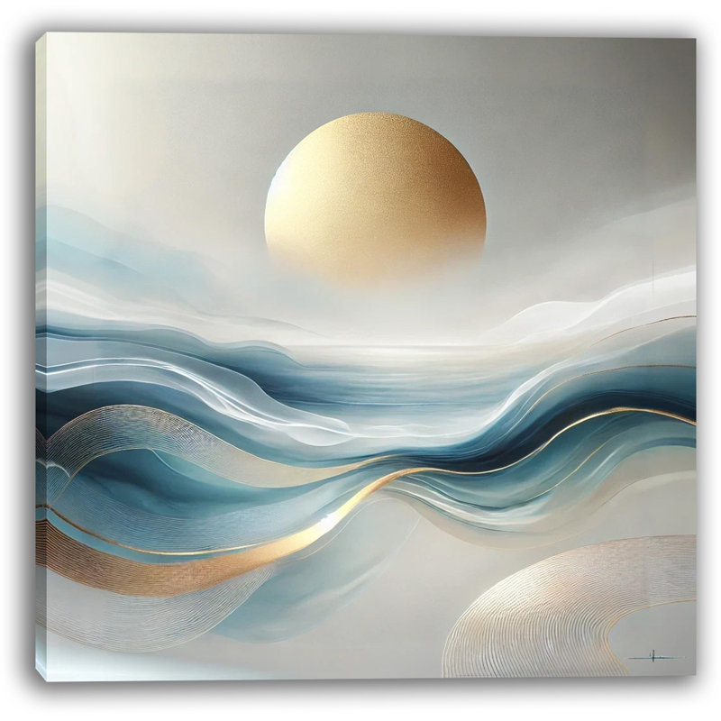 «Serene Golden Horizon», art mural sur toile abstraite inspiré de l'océan, H 20 po x l 20 po x P 1,5 po