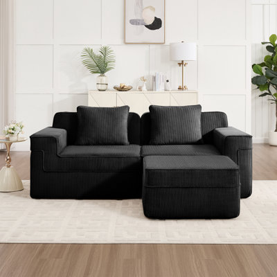 Modular 2-seat L Shape Sofa, Corduroy Fabric, Deep Seating With Throw Pillows & Movable Ottoman - Black