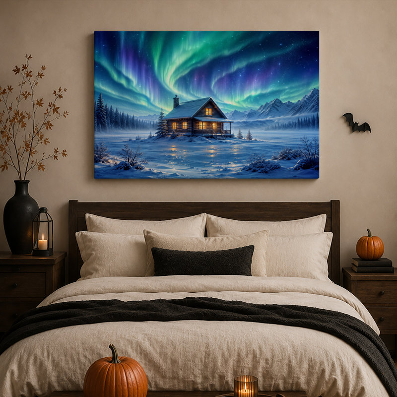 Cabane en bois rond illuminée sous une aurore boréale verte pour l'Halloween - Toile murale, 24"H x 36"W
